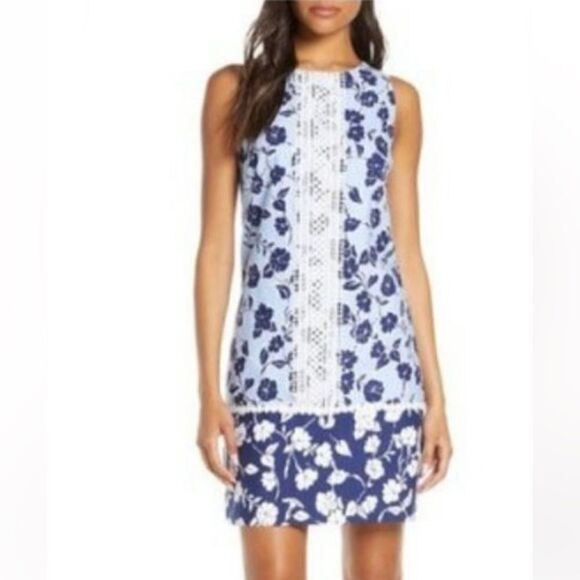 NWT Eliza J Navy/Baby Blue Shift Dress with Lace Accents Size 4 - Picture 1 of 14
